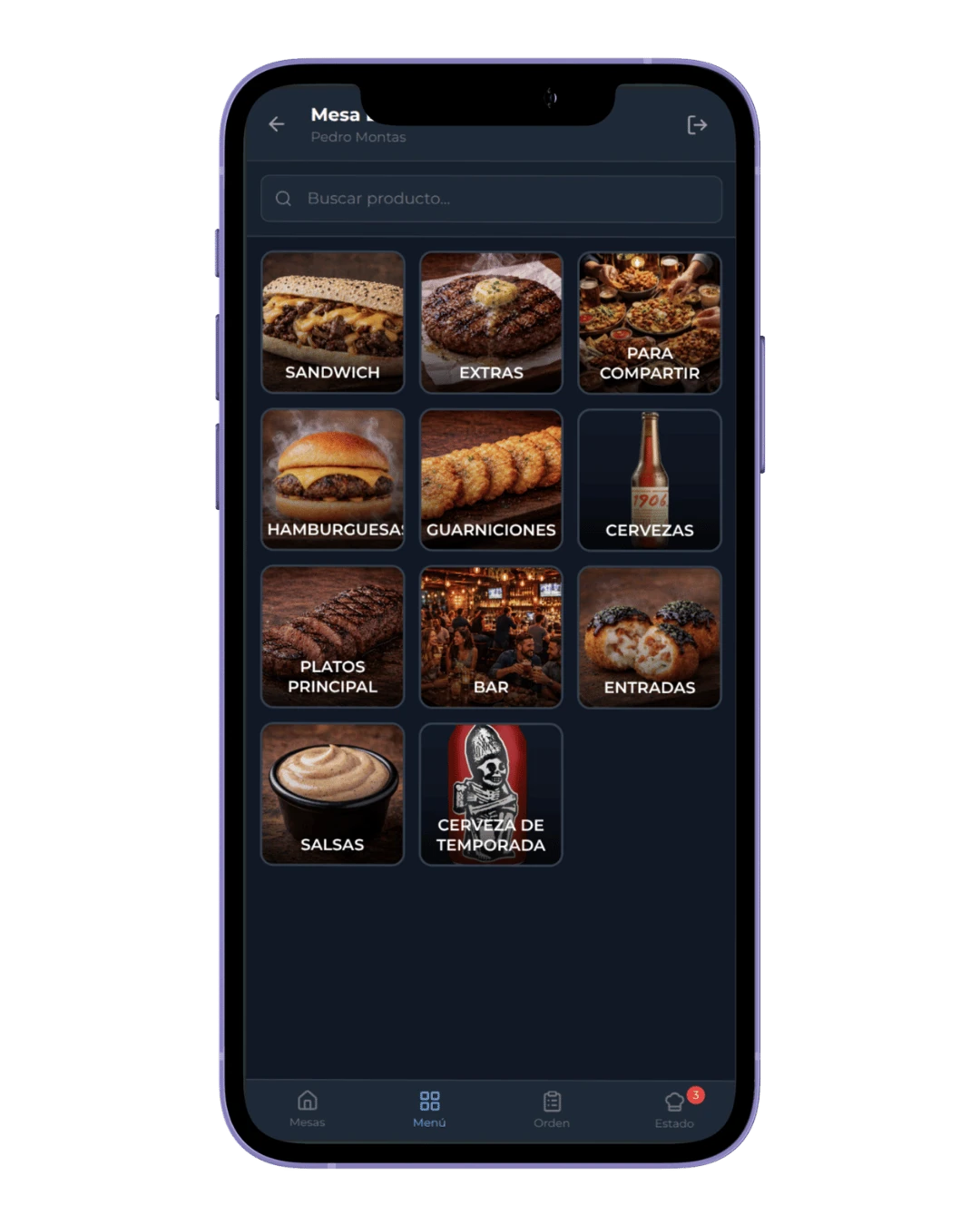 Menú del restaurante en la app de meseros de Cuadre